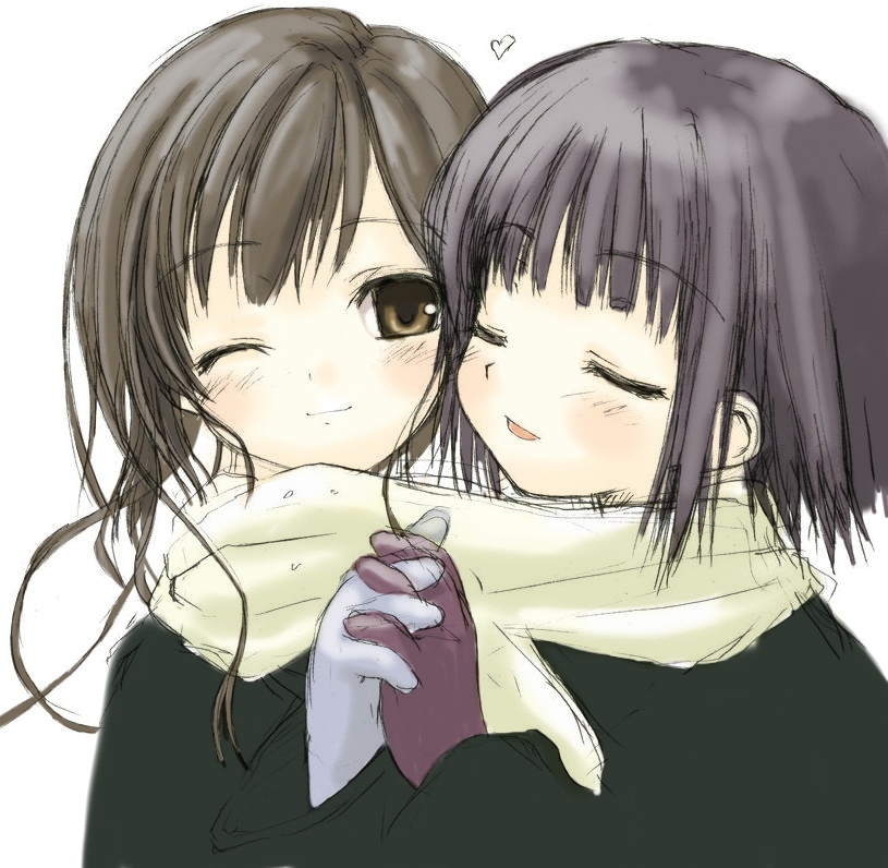 nijou noriko, toudou shimako, maria-sama ga miteru, 00s, 2girls, blush, brown eyes, brown hair, closed eyes, gloves, heart, holding hands, interlocked fingers, long hair, multiple girls, one eye closed, scarf, shared clothes, shared scarf, short hair, sketch, upper body, white background, yuri