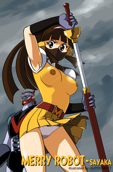 jilpoong17, merry robot, taekwon v (robot), yumi sayaka, mazinger (series), mazinger z, taekwon v, 1girl, belt, breasts, brown hair, cosplay, gloves, large breasts, long hair, mask, mecha, mecha musume, nipples, panties, pantyshot, robot, see-through clothes, skirt, sword, thighs, underwear, upskirt, weapon, wind, wind lift
