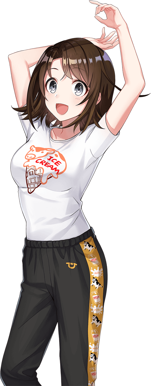 shirako miso, myojin rinne, cue!, highres, official art, 1girl, :d, animal print, arms up, black pants, blush, breasts, brown hair, collarbone, cow print, cowboy shot, english text, flipped hair, grey eyes, large breasts, looking at viewer, medium hair, open mouth, pants, shirt, sidelocks, simple background, smile, solo, standing, t-shirt, tachi-e, transparent background, white shirt