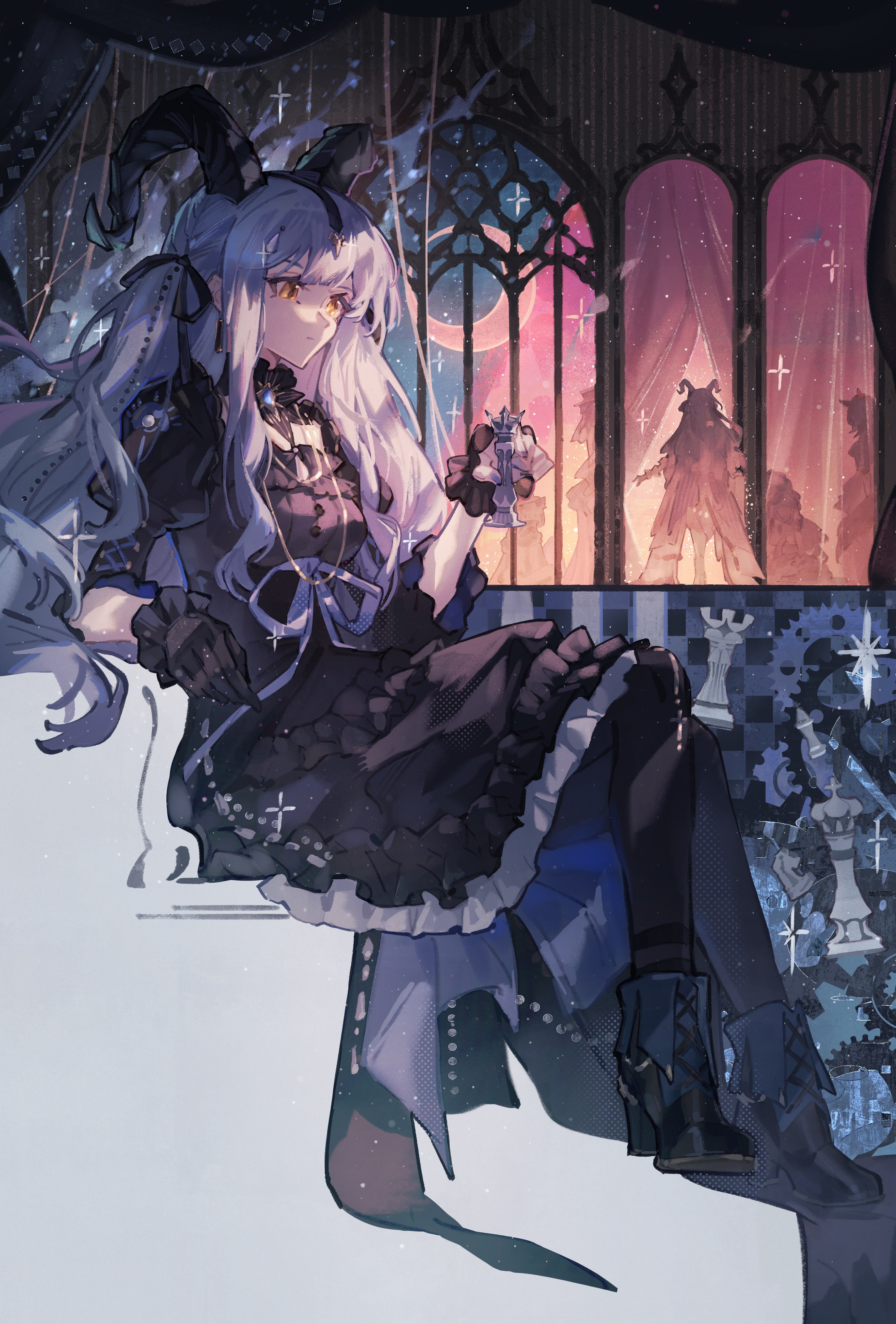 shizi ji jiu jijiu, misumi uika, togawa sakiko, wakaba mutsumi, yahata umiri, yuutenji nyamu, arknights, ave mujica (bang dream!), bang dream!, bang dream! it's mygo!!!!!, absurdres, chinese commentary, commentary request, highres, 5girls, black boots, black dress, black gloves, black horns, black pantyhose, black ribbon, blue hair, boots, breasts, chess piece, closed mouth, crescent moon, curled horns, curtains, detached collar, dress, frilled dress, frills, full body, gloves, hair ribbon, high heel boots, high heels, holding, holding chess piece, horns, jewelry, long hair, medium breasts, misumi uika (caged singer), moon, multiple girls, necklace, pantyhose, puffy sleeves, ribbon, sidelocks, silhouette, sitting, sky, solo, solo focus, star (sky), starry sky, togawa sakiko (master of melodia), wakaba mutsumi (marionette's id), window, yahata umiri (moonlight executioner), yellow eyes, yuutenji nyamu (magician of passion)
