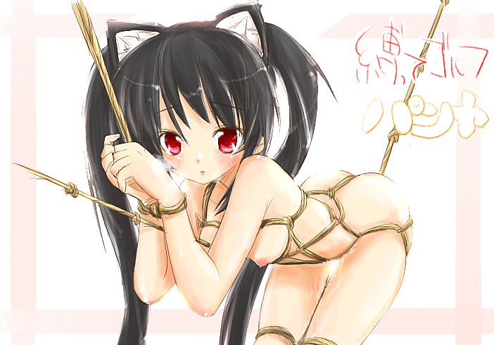 dama, kooh (pangya), pangya, 1girl, animal ears, bdsm, black hair, blush, bondage, bound, bound legs, bound wrists, breath, cat ears, crotch rope, fake animal ears, female focus, knotted rope, leaning, loli, long hair, nipples, nude, open mouth, pussy juice, red eyes, rope, rope walking, shibari, solo