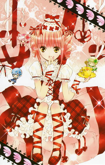 peach-pit, hinamori amu, miki (shugo chara!), ran (shugo chara!), suu (shugo chara!), shugo chara!, official art, scan, 4girls, blonde hair, blue hair, chibi, everyone, frills, gathers, gloves, jewelry, lace, mini person, minigirl, multiple girls, pink hair, red hair, ribbon, short hair, short twintails, smile, sparkle, twintails, valentine, yellow eyes