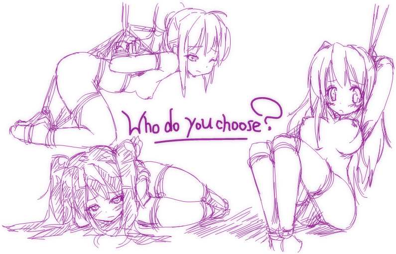 dama, hana, arin (pangya), hana (pangya), kooh (pangya), pangya, 3girls, bdsm, blush, bondage, bound, breasts, large breasts, monochrome, multiple girls, nipples, nude, pussy, rope, short hair, sketch, suspension, take your pick, twintails, uncensored