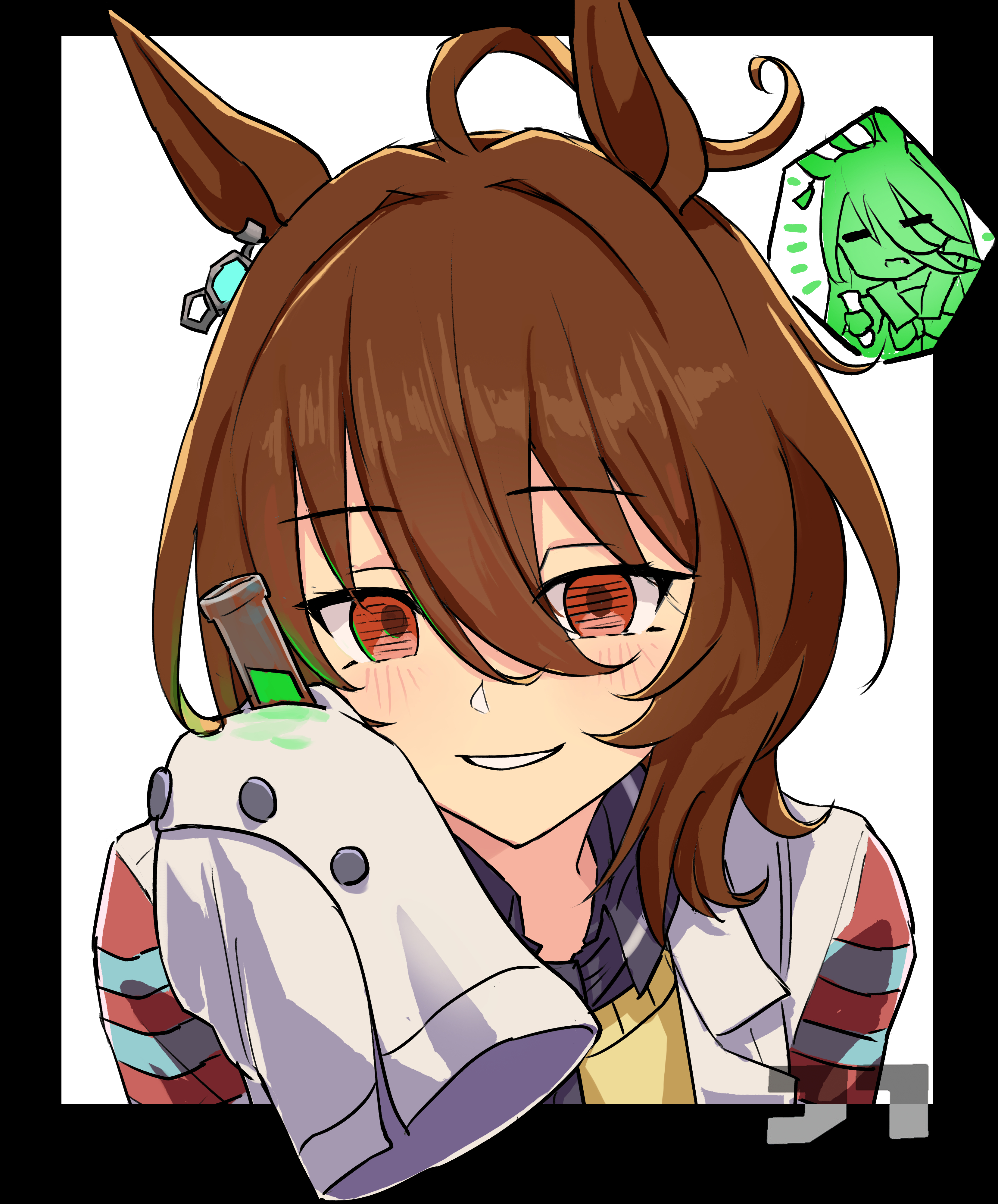 jtleeklm, agnes tachyon (umamusume), manhattan cafe (umamusume), umamusume, absurdres, commentary, english commentary, highres, 2girls, = =, agnes tachyon (tach-nology) (umamusume), ahoge, animal ears, black border, border, brown hair, chemical structure, earrings, glowing, grin, hair between eyes, holding, holding test tube, horse ears, jewelry, lab coat, looking at viewer, multiple girls, red eyes, short hair, single earring, sleeves past fingers, sleeves past wrists, smile, sweater, test tube, white background, yellow sweater