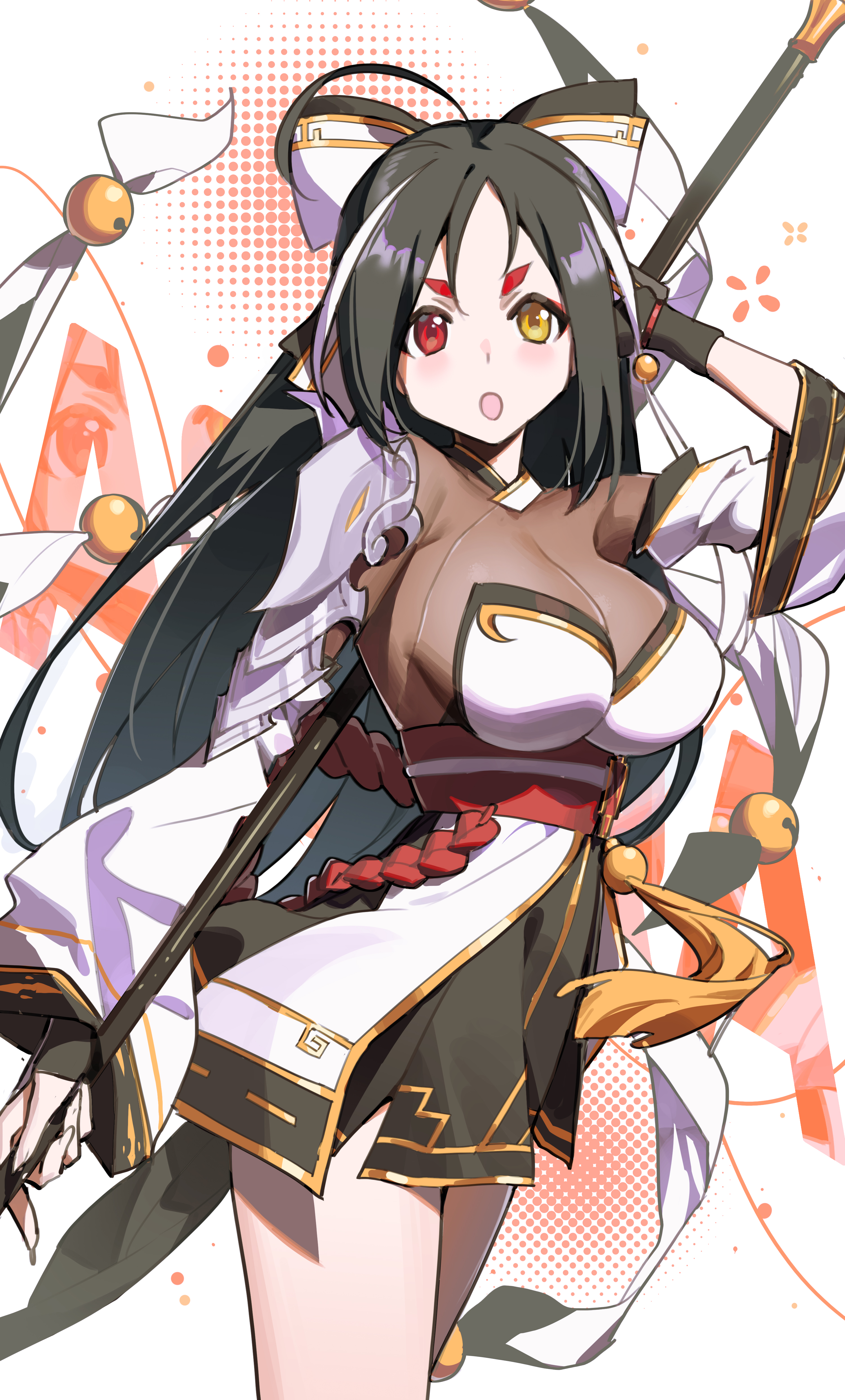 airseal, ara haan, ara han, asura (elsword), elsword, absurdres, commentary, highres, 1girl, bell, black gloves, black hair, blush, breasts, detached sleeves, dress, gloves, hair ribbon, heterochromia, holding, holding polearm, holding weapon, jingle bell, large breasts, long hair, long sleeves, looking at viewer, multicolored hair, official alternate eye color, open mouth, polearm, red eyes, red sash, ribbon, sash, solo, streaked hair, thighs, two-tone hair, weapon, white background, white dress, white hair, white ribbon, white sleeves, yellow eyes