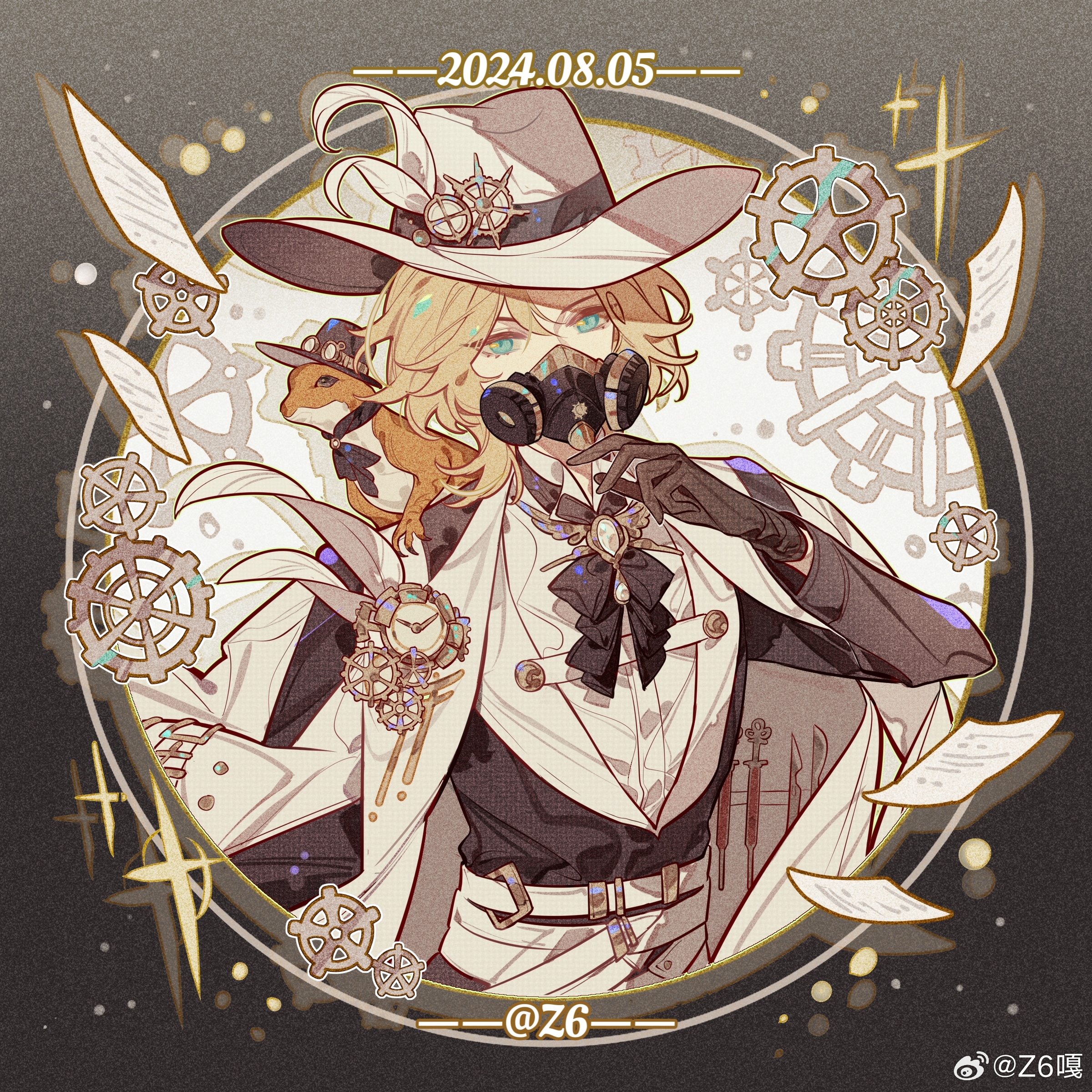 z6, lars rorschach, lovebrush chronicles, absurdres, chinese commentary, highres, 1boy, analog clock, animal, animal on shoulder, aqua eyes, artist name, belt, black border, black gloves, black jacket, black ribbon, blonde hair, border, brooch, cavalier hat, clock, clothed animal, coat, coat on shoulders, coat stash, colored lapels, covered mouth, dated, flying paper, gear hat ornament, gears, gloves, gradient border, hand to own mouth, hat, hat feather, hat ornament, jacket, jewelry, lapel pin, lapels, lizard, long sleeves, looking at viewer, male focus, mask, multiple belts, neck ribbon, outside border, paper, parted bangs, peaked lapels, plume, respirator, ribbon, round image, scalpel, shawl lapels, shirt, short hair, solo, sparkle, steampunk, sweater guard, syringe, tuxedo shirt, upper body, watermark, weibo watermark, white background, white belt, white coat, white hat, white shirt, wing brooch