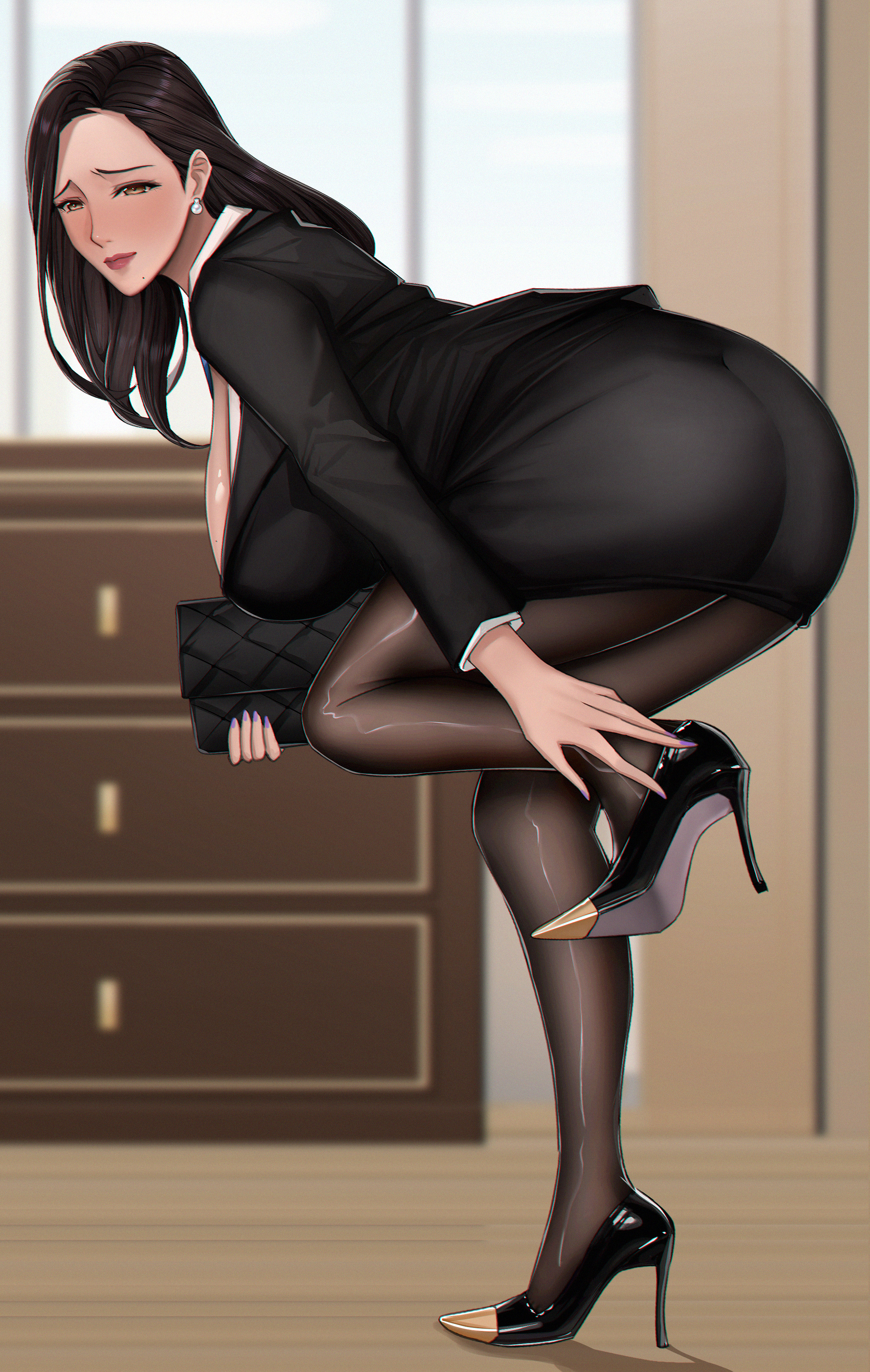 manna (pixiv8805037), original, shiny pantyhose, absurdres, highres, 1girl, adjusting clothes, adjusting shoe, alternate breast size (larger), ass, bag, black hair, black jacket, black pantyhose, black shoes, black skirt, black sleeves, blazer, blurry, blurry background, blush, breasts, brown eyes, closed mouth, drawer, earrings, forehead, full body, high heels, holding, holding bag, huge breasts, indoors, jacket, jewelry, legs, long hair, long sleeves, mature female, mole, mole under mouth, office lady, pantyhose, pearl earrings, purple nails, red lips, shadow, shoes, sideboob, skirt, solo, standing, standing on one leg, wooden floor