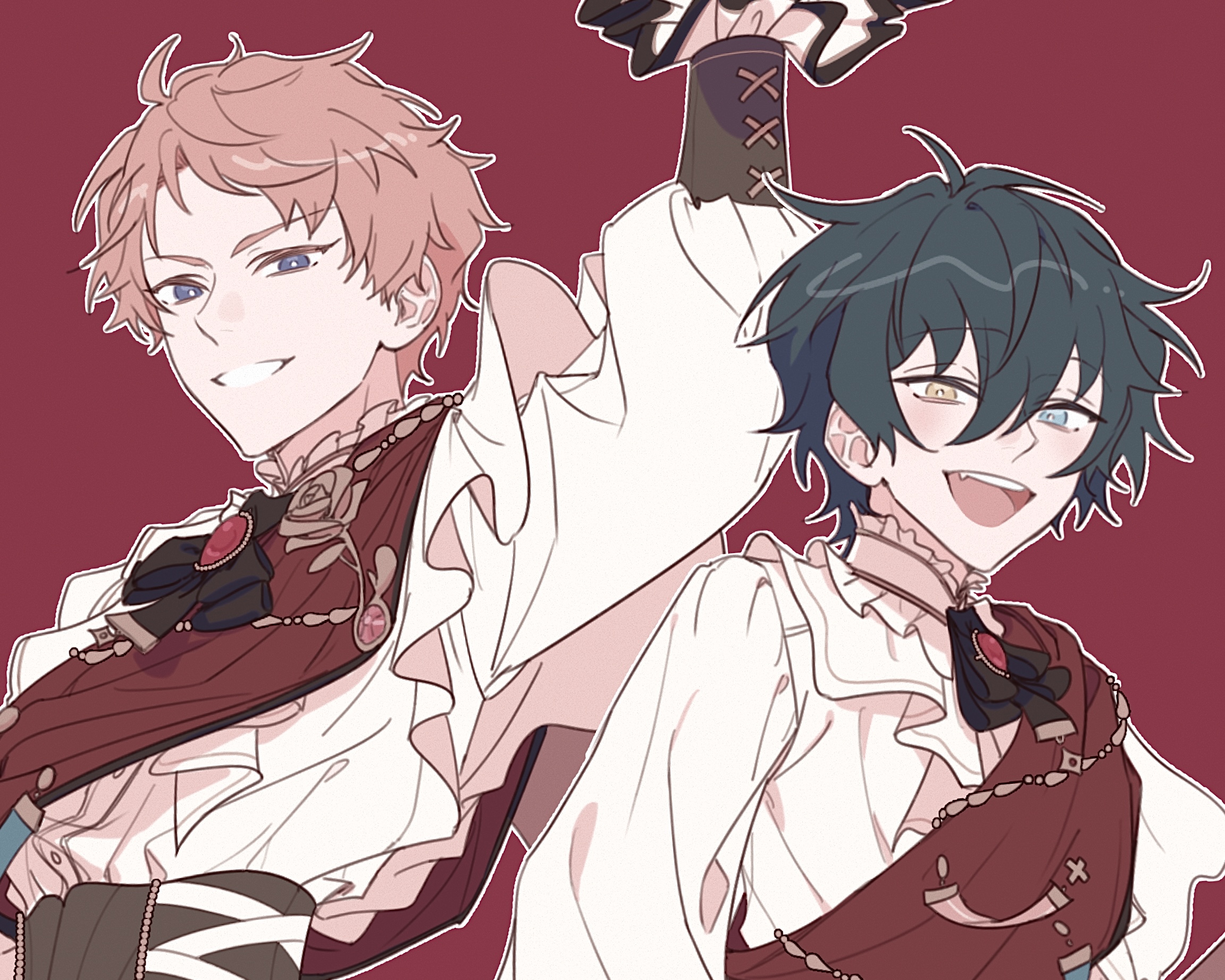 seogil, itsuki shu, kagehira mika, ensemble stars!, commentary request, highres, korean commentary, 2boys, arm up, blue eyes, bright pupils, green hair, hair between eyes, heterochromia, long sleeves, looking at viewer, male focus, multiple boys, official alternate costume, open mouth, pink hair, purple eyes, red background, short hair, simple background, smile, teeth, upper body, upper teeth only, valkyrie (ensemble stars!), white pupils, yellow eyes