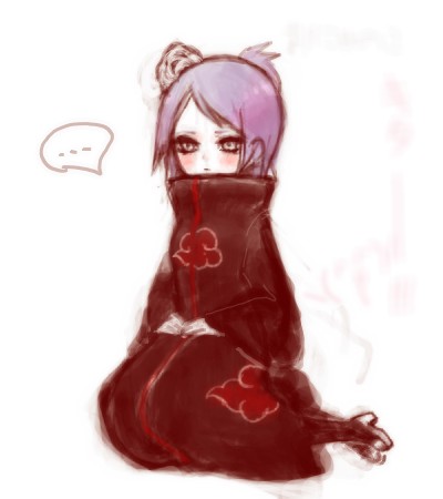konan (naruto), naruto (series), naruto shippuuden, artist request, lowres, …, 1girl, blush, coat, expressionless, female focus, flower, full body, hands on lap, long sleeves, looking at viewer, pink hair, red eyes, short hair, simple background, sitting, solo, speech bubble, spoken ellipsis, turtleneck, white background, yokozuwari