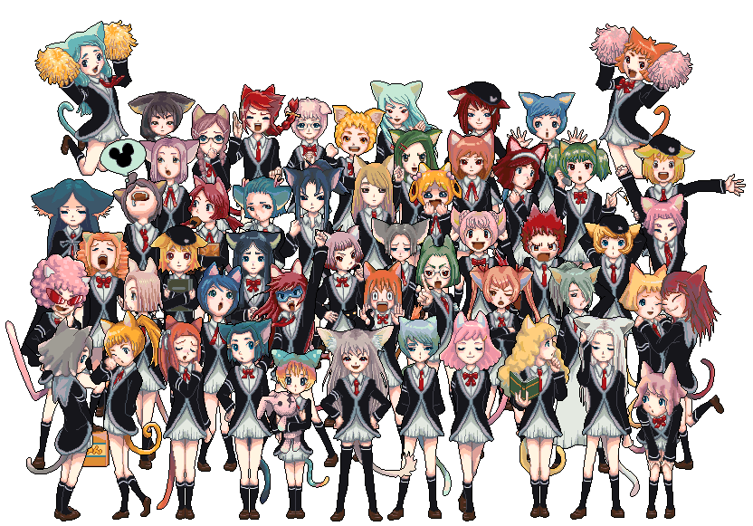 6+girls, animal ears, cat ears, everyone, multiple girls, pixel art, school uniform, serafuku, thighhighs, transparent background