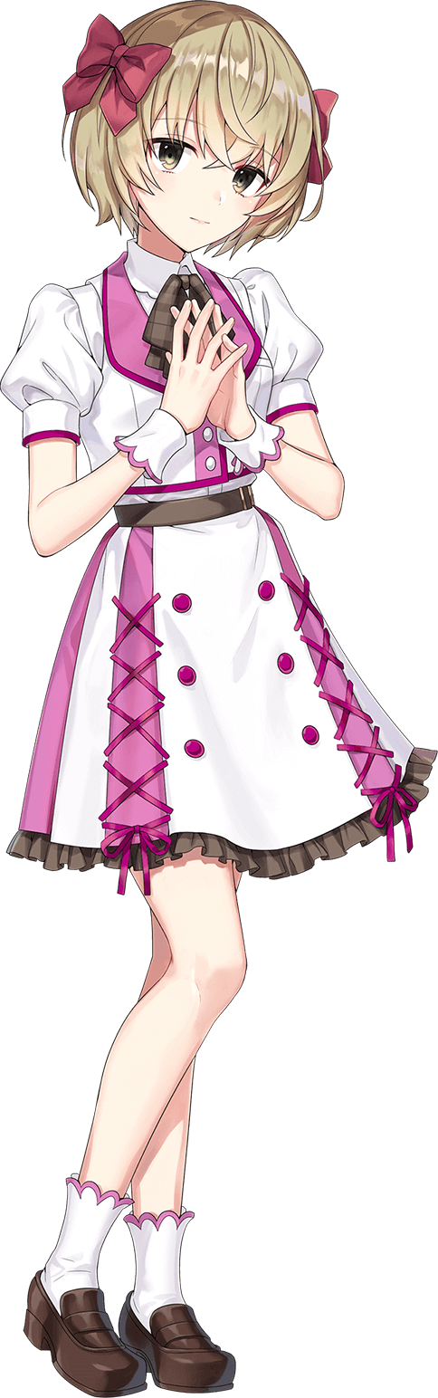 shirako miso, toomi mei, cue!, highres, official art, 1girl, belt, blonde hair, blush, bob cut, bow, bowtie, breasts, brown belt, brown bow, brown shoes, closed mouth, collared shirt, crossed bangs, full body, hair between eyes, hair bow, head tilt, jacket, loafers, long sleeves, looking at viewer, medium breasts, multicolored jacket, own hands together, pink bow, plaid bow, puffy short sleeves, puffy sleeves, shirt, shoes, short hair, short sleeves, simple background, skirt, socks, solo, standing, tachi-e, transparent background, two-tone jacket, two-tone skirt, white jacket, white shirt, white skirt, white socks, yellow eyes