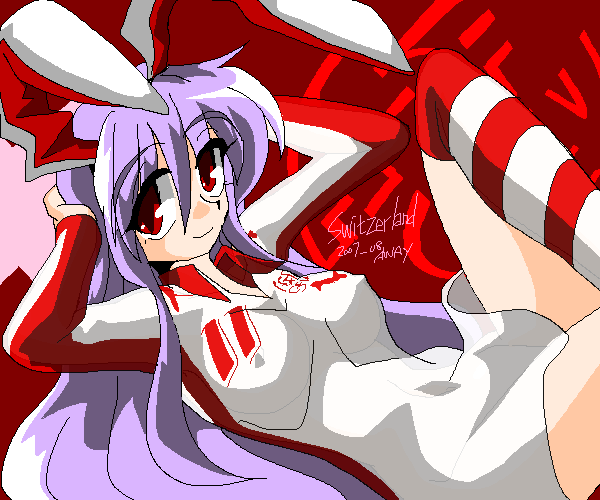 kieyza, kiezya, reisen udongein inaba, touhou, 1girl, animal ears, breasts, clothes writing, covered erect nipples, female focus, medium breasts, rabbit ears, race queen, see-through clothes, soccer, solo, striped clothes, striped thighhighs, switzerland, thighhighs