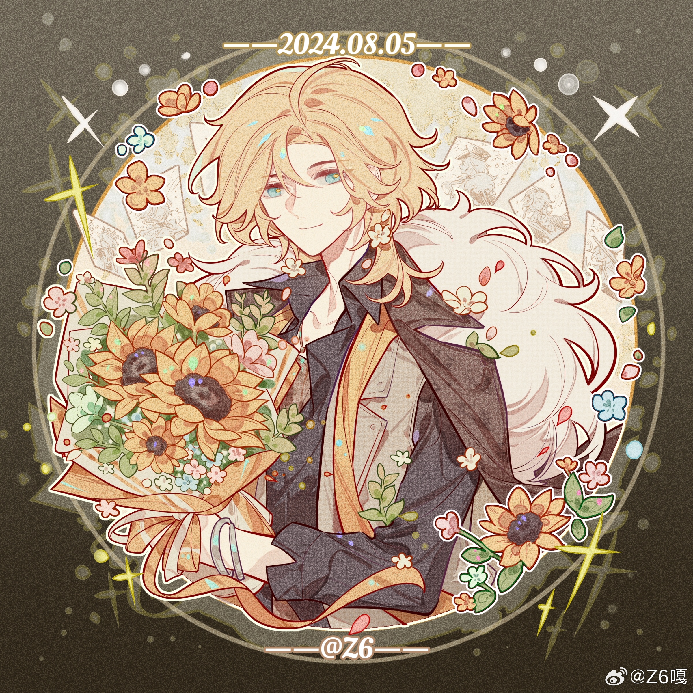 z6, lars rorschach, lovebrush chronicles, absurdres, chinese commentary, highres, 1boy, ahoge, aqua eyes, aqua flower, artist name, black coat, black shirt, blonde hair, blue flower, border, bouquet, bracelet, closed mouth, coat, coat on shoulders, collarbone, collared shirt, curtained hair, dated, drawing (object), falling petals, flower, fur-trimmed coat, fur trim, gradient border, green border, grey vest, hair between eyes, hair flower, hair ornament, holding, holding bouquet, jewelry, lapels, leaf, long sleeves, looking at viewer, male focus, notched lapels, open collar, orange flower, orange ribbon, orange scarf, outside border, parted bangs, petals, pink flower, ribbon, round image, scarf, shirt, short hair, silver bracelet, smile, solo, sparkle, stole, sunflower, undershirt, upper body, vest, watermark, weibo watermark, white flower, yellow flower