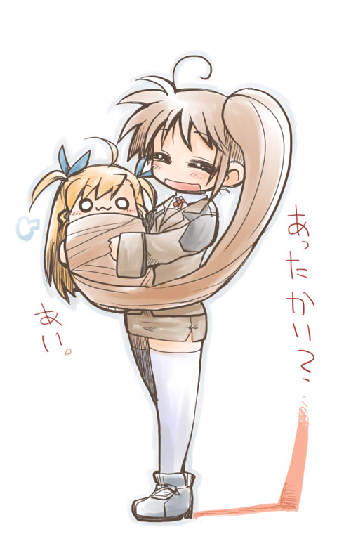 kajikawa yahiro, takamachi nanoha, vivio, lyrical nanoha, mahou shoujo lyrical nanoha, mahou shoujo lyrical nanoha strikers, translated, 00s, 2girls, :3, ahoge, blonde hair, carrying, closed eyes, military, military uniform, multiple girls, o o, ponytail, red hair, side ponytail, thighhighs