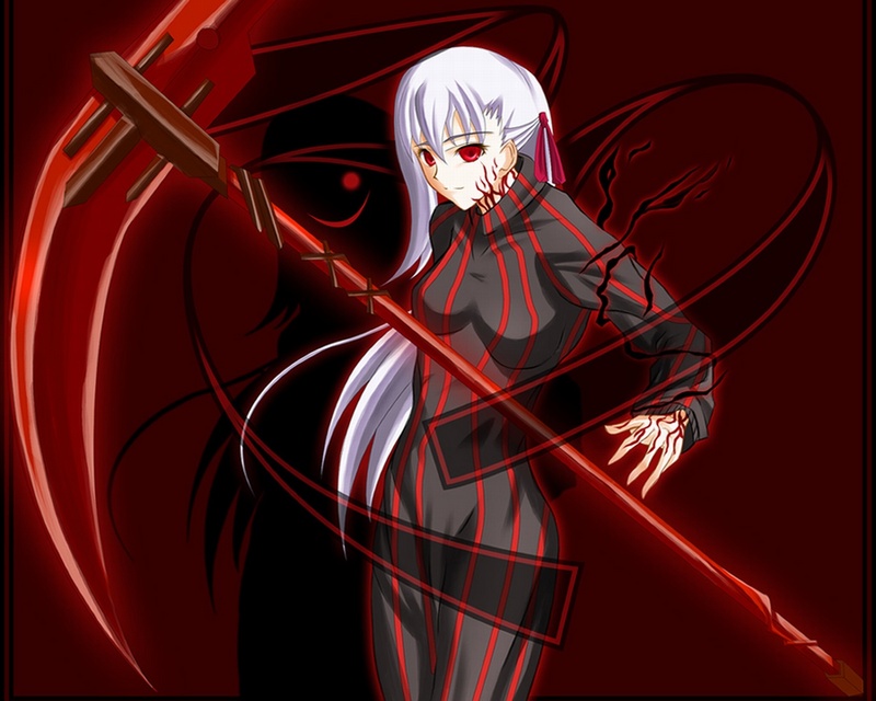 dark matou sakura, dark sakura, matou sakura, fate/stay night, fate (series), striped, 00s, long hair, purple hair, red eyes, scythe, solo, turtleneck