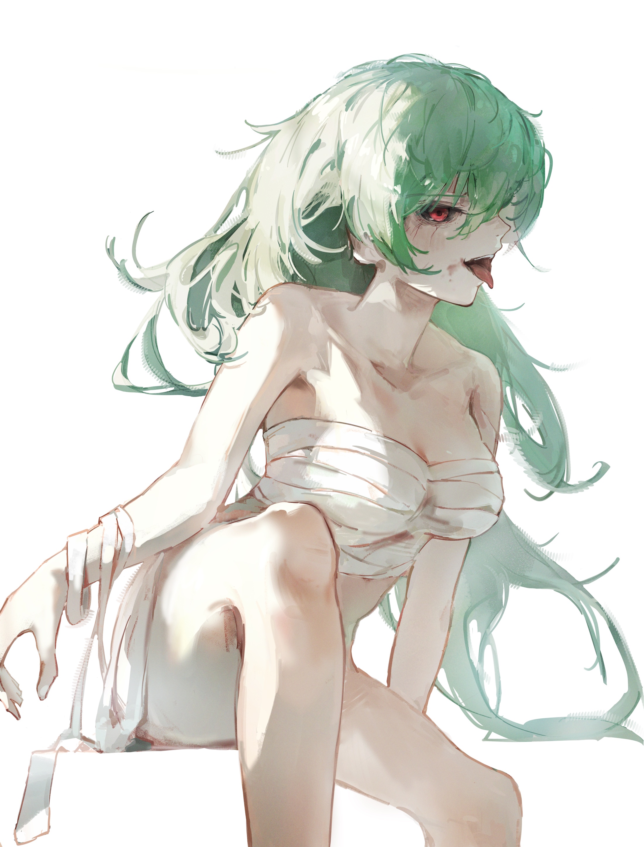 eto (tokyo ghoul), tokyo ghoul, absurdres, commentary, highres, 1girl, bandages, bare arms, bare legs, bare shoulders, black sclera, blood, blood stain, breasts, cleavage, collarbone, colored sclera, facing away, feet out of frame, green hair, hair between eyes, invisible chair, large breasts, long hair, messy hair, monzaemon45, naked bandage, navel, red eyes, sidelighting, sidelocks, simple background, sitting, solo, stomach, teeth, tongue, tongue out, upper teeth only, white background