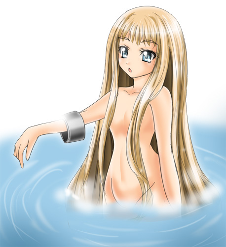 lucy (mx0), mx0, lowres, 1girl, blonde hair, blush, bracelet, breasts, collarbone, convenient censoring, female focus, grey eyes, groin, hair censor, hair over breasts, jewelry, long hair, navel, nude, outstretched arm, partially submerged, small breasts, solo, standing, stomach, thick eyebrows, very long hair, wading, water, wet