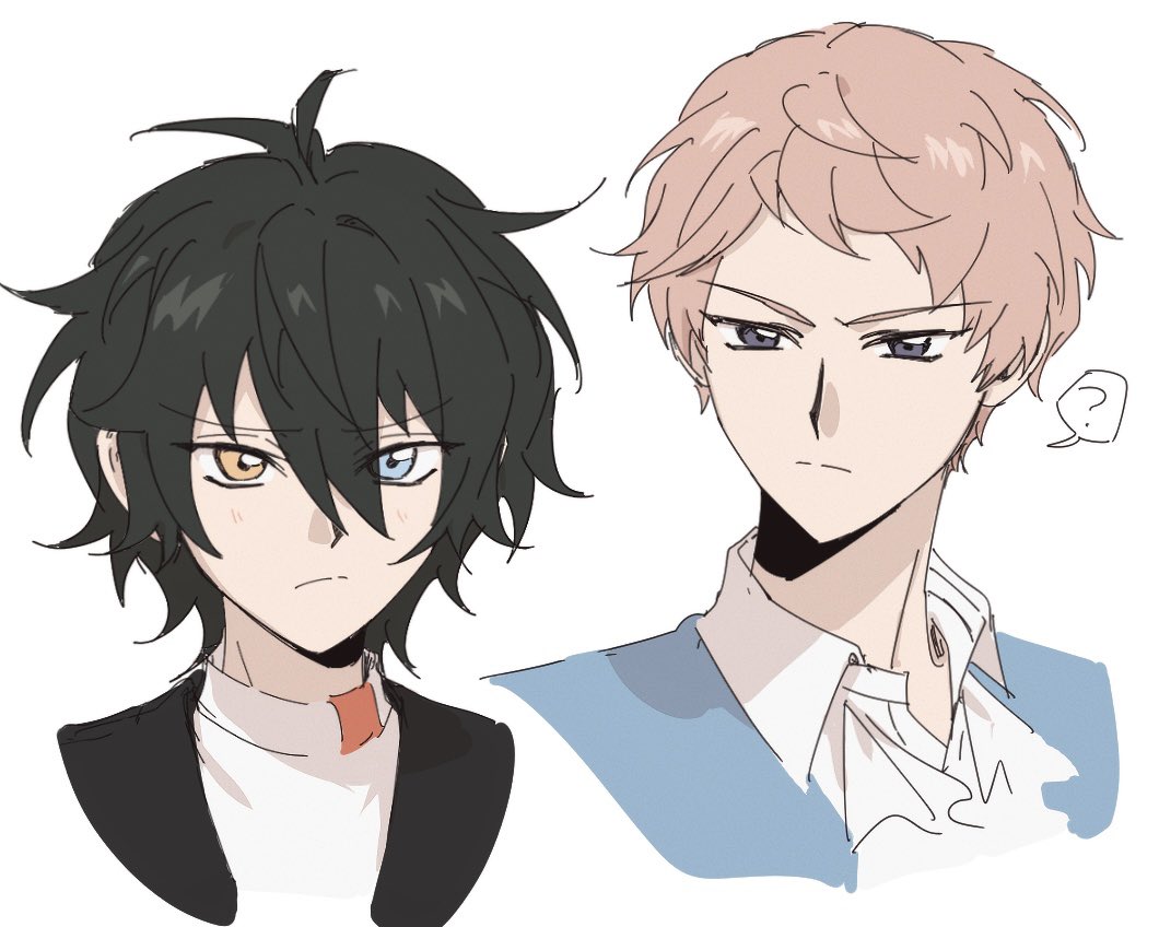 seogil, itsuki shu, kagehira mika, ensemble stars!, commentary request, korean commentary, 2boys, ?, black hair, blue eyes, closed mouth, collared shirt, hair between eyes, heterochromia, male focus, multiple boys, pink hair, portrait, purple eyes, school uniform, shirt, short bangs, short hair, simple background, split mouth, spoken question mark, valkyrie (ensemble stars!), white background, yellow eyes, yumenosaki school uniform