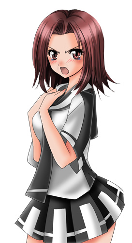 mizuki naomi, mx0, lowres, 1girl, blush, bow, bowtie, brown eyes, brown hair, female focus, looking at viewer, miniskirt, school uniform, serafuku, simple background, skirt, solo, tears, white background