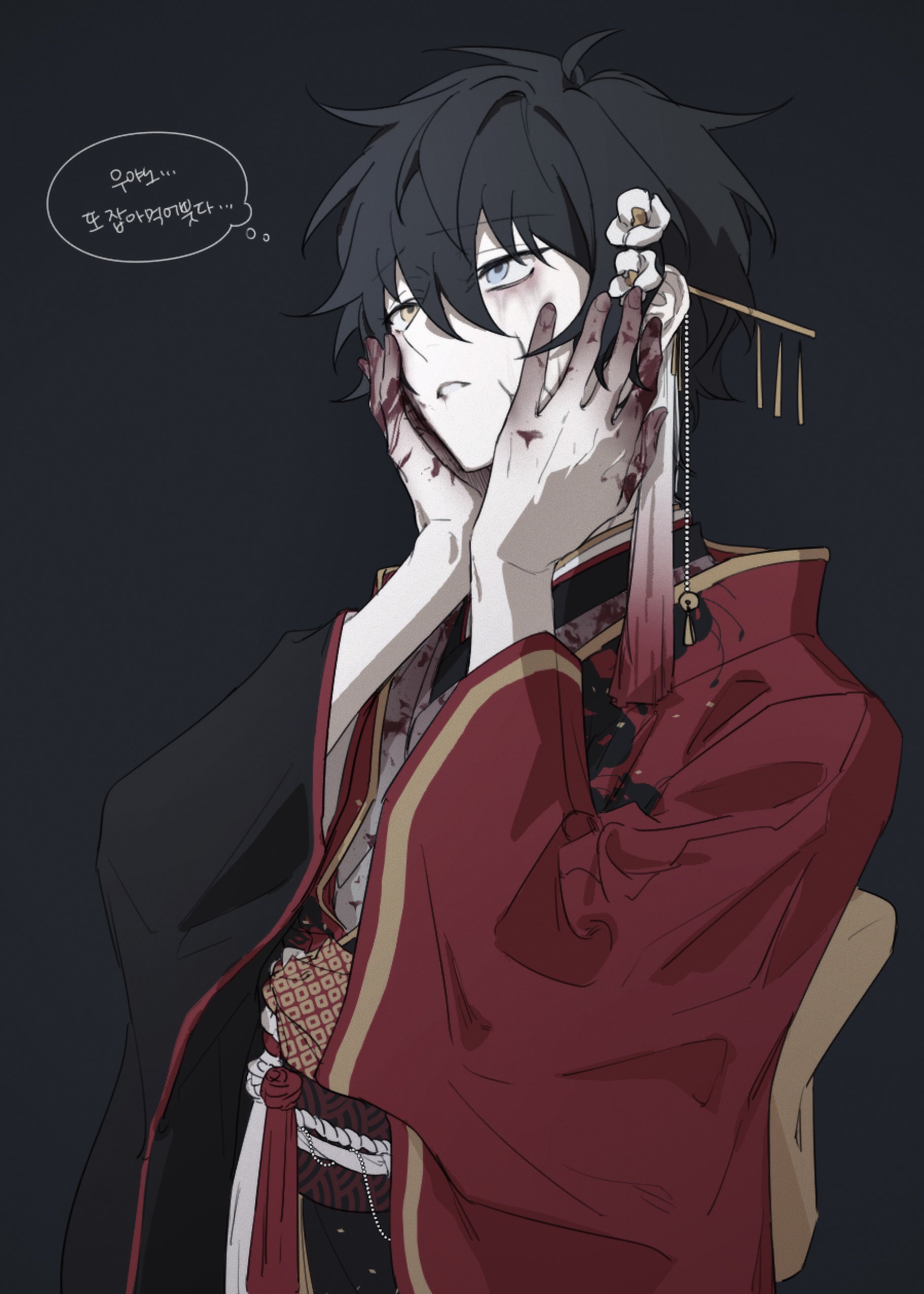seogil, kagehira mika, ensemble stars!, absurdres, commentary request, highres, korean commentary, translation request, 1boy, black background, black hair, blue eyes, fingernails, hair between eyes, hands on own face, hands up, heterochromia, japanese clothes, kimono, korean text, long sleeves, male focus, official alternate costume, pale skin, school festival tamayori's haunted dollhouse (ensemble stars!), short hair, solo, speech bubble, thought bubble, yellow eyes