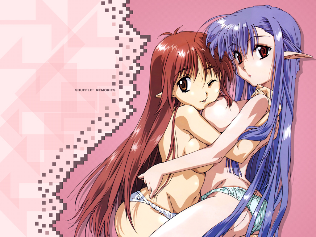 hosoda naoto, lisianthus, nerine, shuffle!, shuffle! memories, official art, official wallpaper, 00s, 2girls, :o, ;d, ahoge, antenna hair, aqua panties, arched back, ass, back, barefoot, blue hair, breast press, breasts, brown eyes, butt crack, censored, convenient censoring, copyright name, couple, feet, hair between eyes, hug, kneeling, large breasts, long hair, long pointy ears, looking at viewer, looking back, multiple girls, navel, no bra, one eye closed, open mouth, panties, pillar, pink background, pointy ears, profile, red eyes, red hair, shadow, sideboob, sitting, sitting on lap, sitting on person, skindentation, smile, spread legs, straddling, topless female, underwear, underwear only, very long hair, white panties, wink, yuri