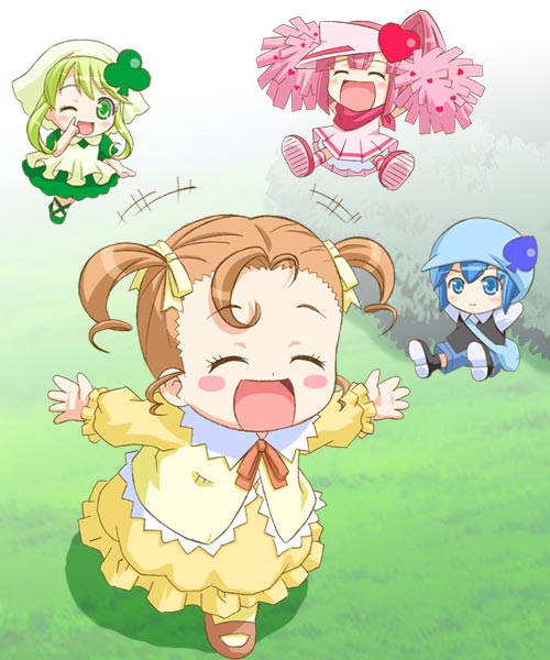 shiumai, siumai, hinamori ami, miki (shugo chara!), ran (shugo chara!), suu (shugo chara!), shugo chara!, 4girls, baby, child, closed eyes, multiple girls, one eye closed, running, wink