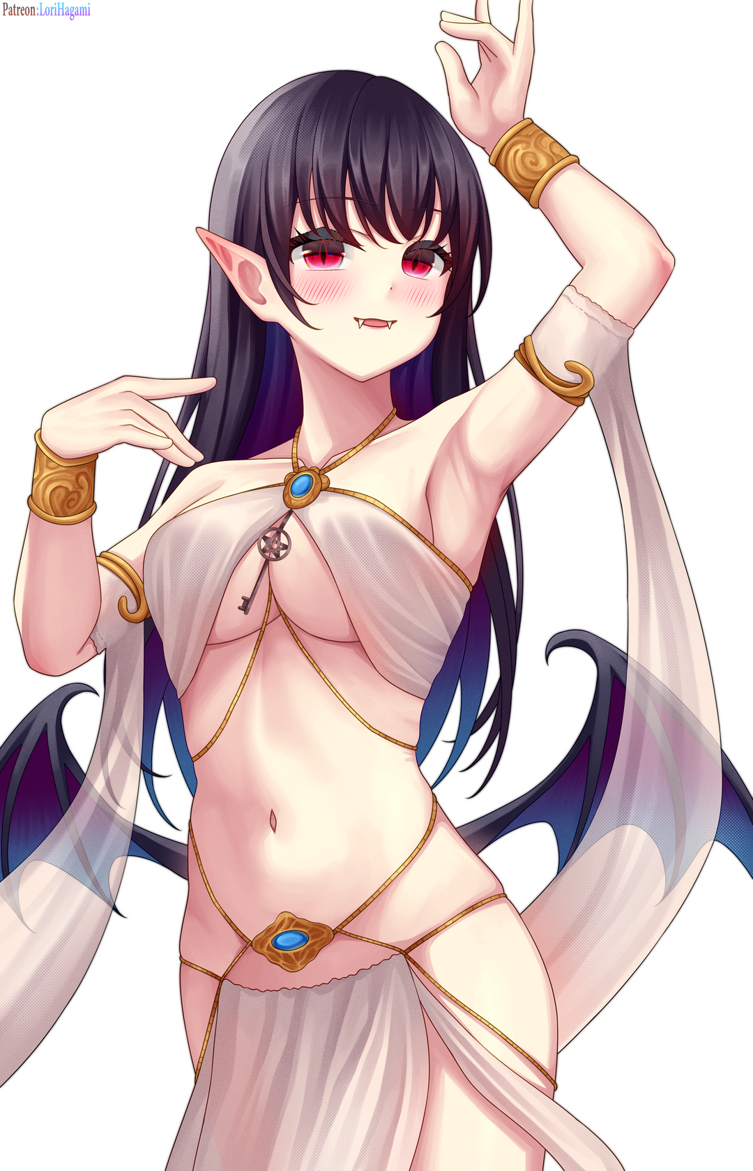 lori hagami, original, commission, highres, 1girl, amulet, arm up, armlet, armpits, bare shoulders, black hair, blue gemstone, blush, bracelet, breasts, cowboy shot, demon wings, elf, fangs, gem, jewelry, long hair, looking at viewer, low wings, medium breasts, midriff, navel, necklace, open mouth, pale skin, patreon username, pelvic curtain, pointy ears, red eyes, revealing clothes, simple background, smile, solo, standing, underboob, white background, wings