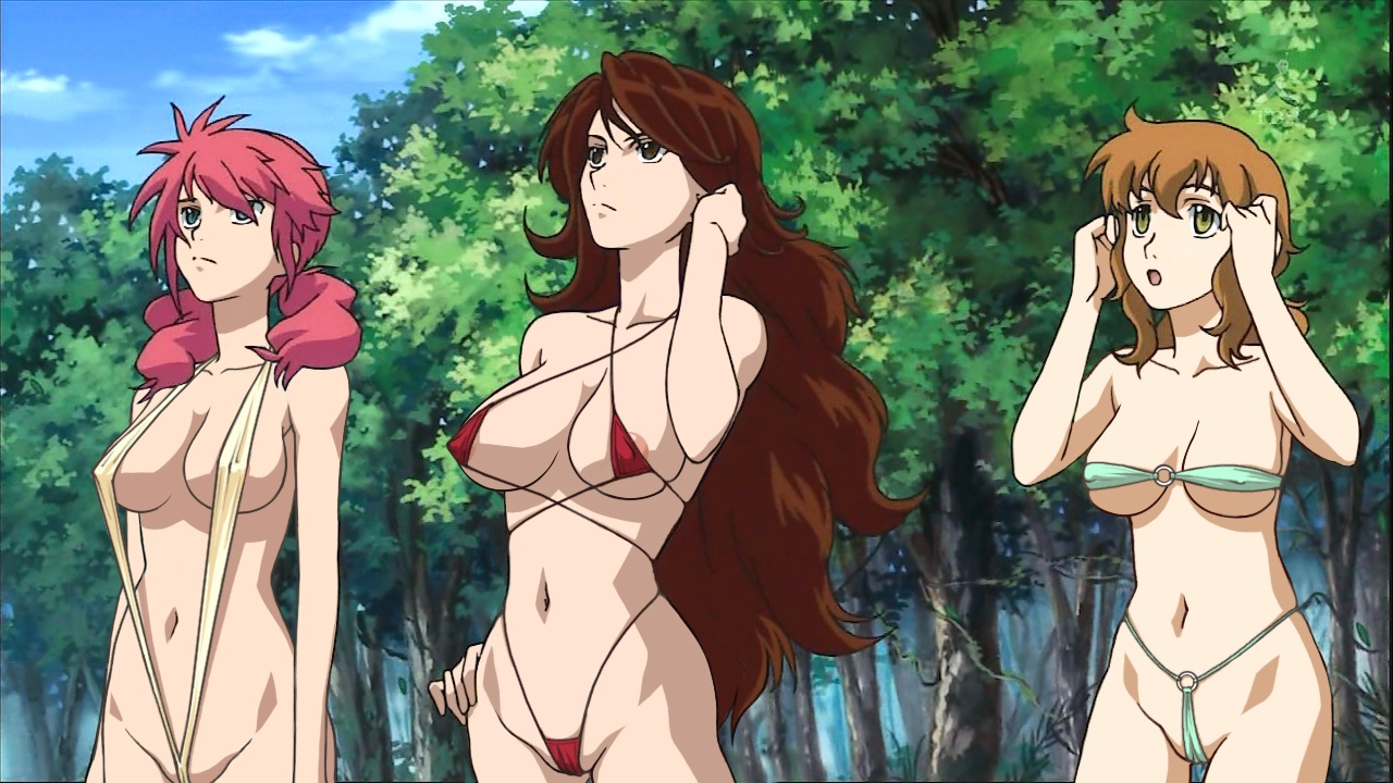 christina sierra, feldt grace, sumeragi lee noriega, gundam, gundam 00, nude filter, third-party edit, 00s, 3girls, bikini, blue eyes, breasts, brown hair, covered erect nipples, day, green eyes, large breasts, long hair, multiple girls, navel, nipple slip, nipples, open mouth, outdoors, pink hair, slingshot swimsuit, swimsuit, tree, twintails, underboob