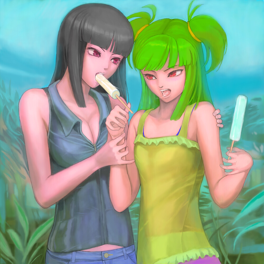 hinazuki ririna, hishimiya tsugaru, beatmania iidx, bemani, 2girls, bad anatomy, food, green hair, ice cream, multiple girls, poorly drawn, red eyes, yuri