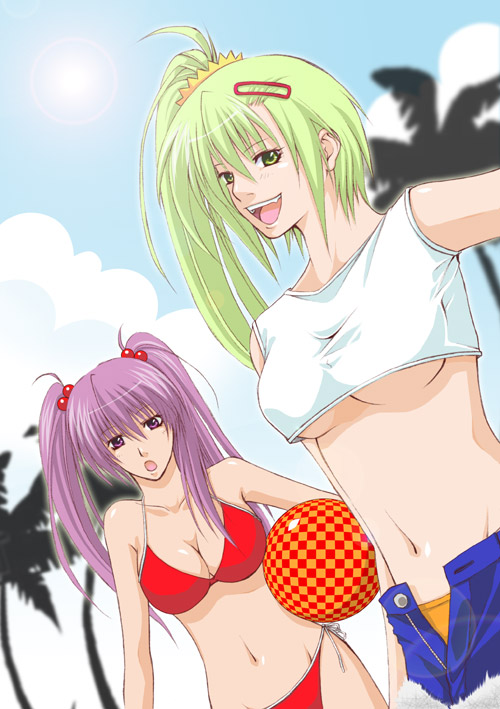 kitami erika, mizushiro celica, beatmania iidx, bemani, 2girls, bikini, breasts, day, green hair, large breasts, multiple girls, short twintails, summer, swimsuit, twintails, underboob