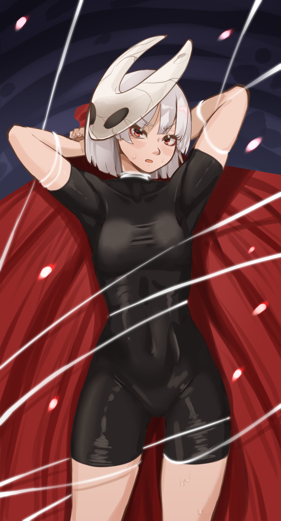 nico-mo, hornet (hollow knight), hollow knight, hollow knight: silksong, highres, 1girl, :o, arms behind head, black bodysuit, bodysuit, cloak, grey hair, looking at viewer, mask, mask on head, open mouth, personification, red cloak, red eyes, short hair, solo, sweat