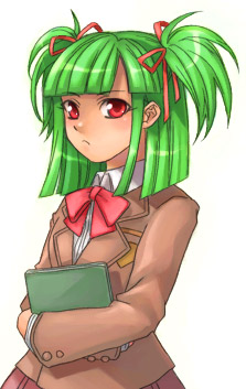 hishimiya tsugaru, beatmania iidx, bemani, lowres, green hair, loli, red eyes, school uniform, serafuku, solo