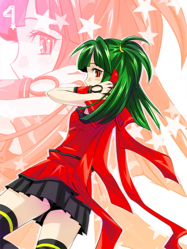 hishimiya tsugaru, beatmania iidx, beatmania iidx 8th style, bemani, lowres, green hair, red eyes, skirt, solo, thighhighs, zettai ryouiki