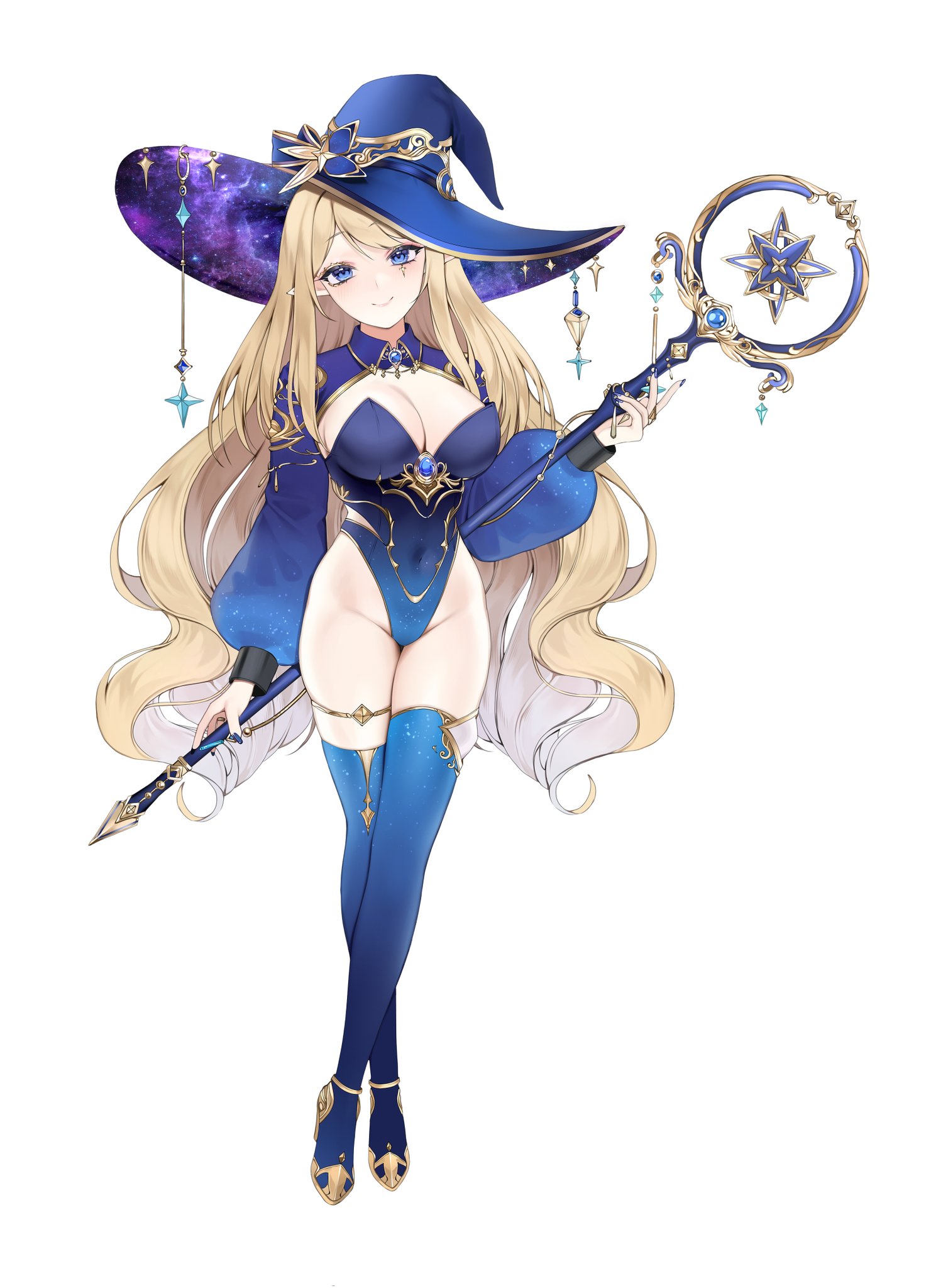 tuffi-chan, indie virtual youtuber, commentary, highres, 1girl, blonde hair, blue eyes, blue hat, blue leotard, blue shrug, blue thighhighs, breasts, cleavage, closed mouth, covered navel, full body, groin, hat, highleg, highleg leotard, holding, holding staff, large breasts, leotard, long hair, long sleeves, looking at viewer, parted bangs, pointy ears, psystra (vtuber), simple background, smile, solo, staff, thighhighs, thighs, very long hair, virtual youtuber, wavy hair, white background, witch hat