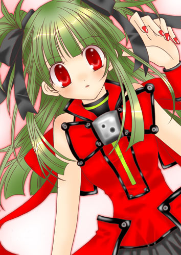 hishimiya tsugaru, beatmania iidx, beatmania iidx 8th style, bemani, lowres, 1girl, female focus, green hair, hair ribbon, long hair, nail polish, red eyes, red nails, ribbon, solo