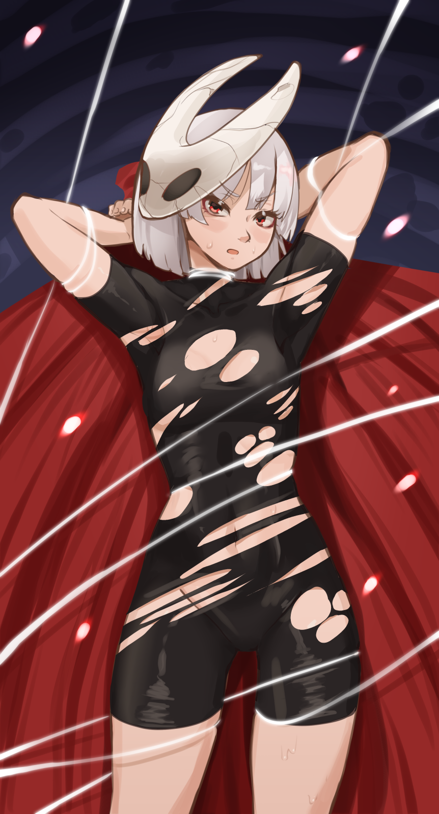 nico-mo, hornet (hollow knight), hollow knight, hollow knight: silksong, highres, 1girl, :o, arms behind head, black bodysuit, blush, bodysuit, cloak, grey hair, looking at viewer, mask, mask on head, personification, red cloak, red eyes, short hair, solo, sweat, torn bodysuit, torn clothes