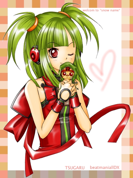 hishimiya tsugaru, beatmania iidx, beatmania iidx 8th style, bemani, 1girl, female focus, green hair, headphones, one eye closed, red eyes, solo, two side up