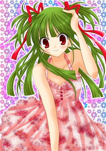 hishimiya tsugaru, beatmania iidx, bemani, lowres, 1girl, dress, female focus, green hair, hair tie, long hair, red eyes, smile, solo