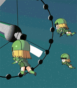ekkusu kyuuzu, zaku, zaku ii, zaku ii f/j, gundam, mobile suit gundam, animated, animated gif, lowres, translation request, 3d, chibi, floating, mecha musume, o'neill cylinder, personification, space, space habitat, zaku ii f, zero gravity