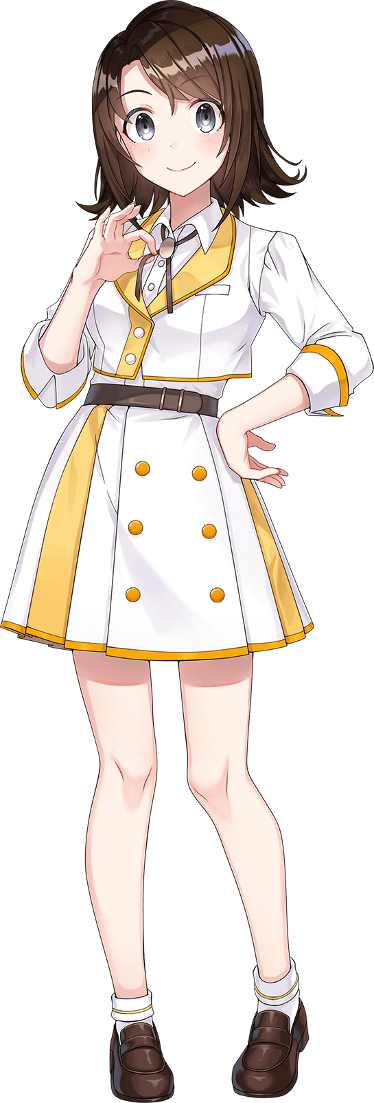 shirako miso, myojin rinne, cue!, highres, official art, 1girl, belt, breasts, brown belt, brown hair, brown shoes, closed mouth, collared shirt, flipped hair, full body, grey eyes, hand on own hip, jacket, large breasts, loafers, long sleeves, looking at viewer, medium hair, multicolored jacket, shirt, shoes, sidelocks, simple background, skirt, smile, socks, solo, standing, tachi-e, transparent background, two-tone jacket, two-tone skirt, white jacket, white shirt, white skirt, white socks