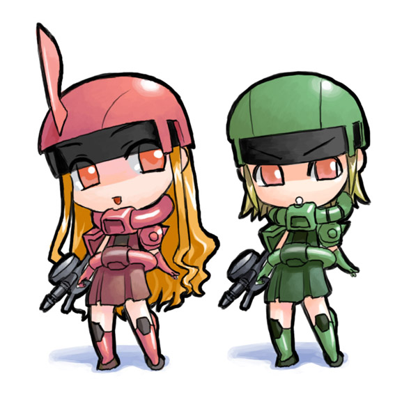ekkusu kyuuzu, zaku, zaku ii, zaku ii f/j, zaku ii s char custom, gundam, mobile suit gundam, 2girls, blonde hair, chibi, gun, long hair, machine gun, mecha musume, multiple girls, personification, short hair, weapon, zaku ii f