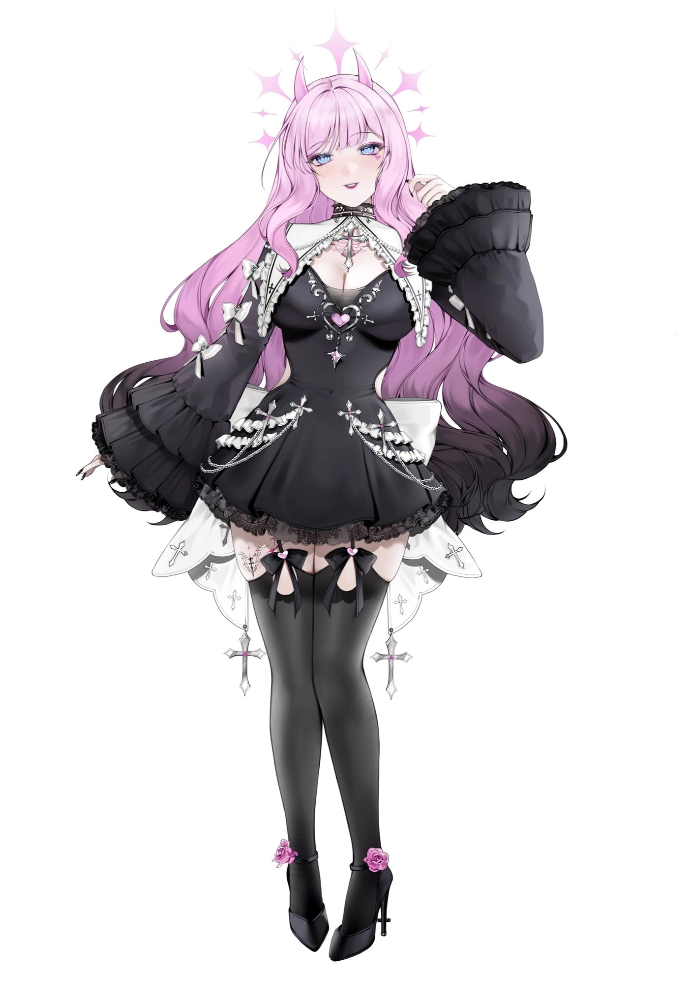 tuffi-chan, original, highres, 1girl, black dress, black nails, black shoes, black thighhighs, breasts, cleavage, dress, frilled dress, frills, full body, gradient hair, hand up, high heels, horns, large breasts, long hair, long sleeves, looking at viewer, multicolored hair, nail polish, parted lips, pink hair, shoes, simple background, smile, solo, thighhighs, white background, wispy bangs