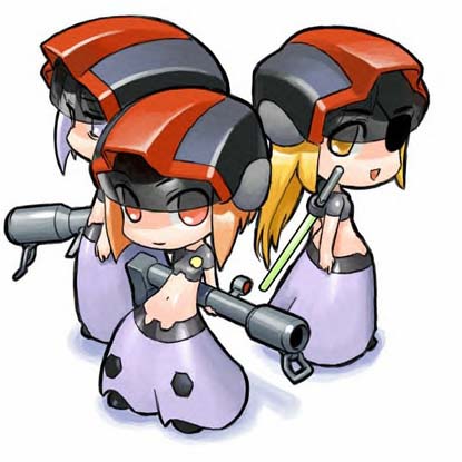 black tri-stars, dom (mobile suit), gundam, mobile suit gundam, lowres, chibi, mecha musume, midriff, navel
