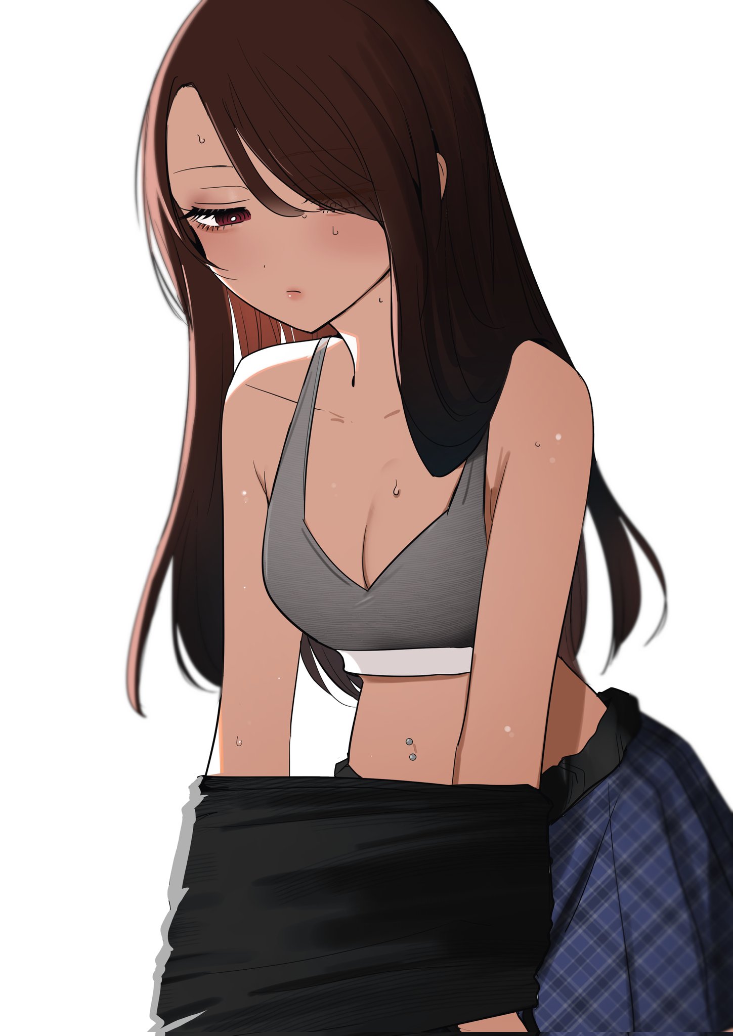 inoue koharu, original, commentary request, highres, 1girl, black shirt, blue skirt, bra, breasts, bright pupils, brown hair, cleavage, closed mouth, cowboy shot, grey bra, hair over one eye, hot, long hair, medium breasts, navel piercing, piercing, plaid clothes, plaid skirt, red eyes, shirt, simple background, skirt, solo, sweat, underwear, undressing, unmoving pattern, white background, white pupils
