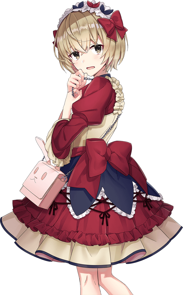 shirako miso, toomi mei, cue!, highres, official art, 1girl, blonde hair, blush, bob cut, bow, breasts, cowboy shot, crossed bangs, dress, frilled dress, frills, from side, hair between eyes, hair bow, looking at viewer, maid headdress, medium breasts, pink bag, red bow, red dress, short hair, simple background, solo, standing, tachi-e, transparent background, yellow eyes