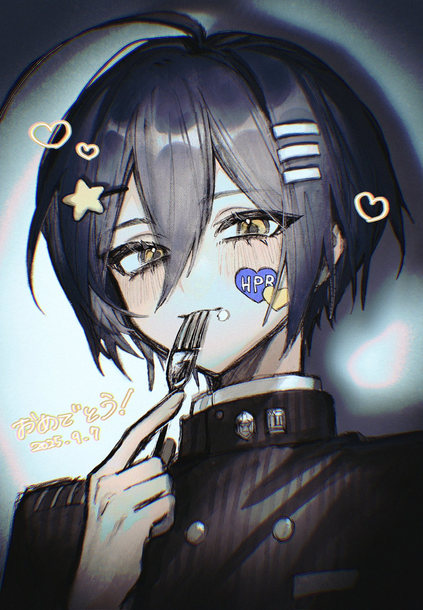 ze ro saiji, saihara shuichi, danganronpa (series), danganronpa v3: killing harmony, commentary, highres, 1boy, ahoge, bishounen, black hair, black jacket, blush, brown eyes, buttons, collared jacket, dated, eyelashes, fork, hair between eyes, happy birthday, heart, holding, holding fork, jacket, long sleeves, looking at viewer, male focus, pinstripe jacket, pinstripe pattern, portrait, short hair, smile, solo, spotlight, star (symbol), sticker, sticker on face, striped clothes, striped jacket