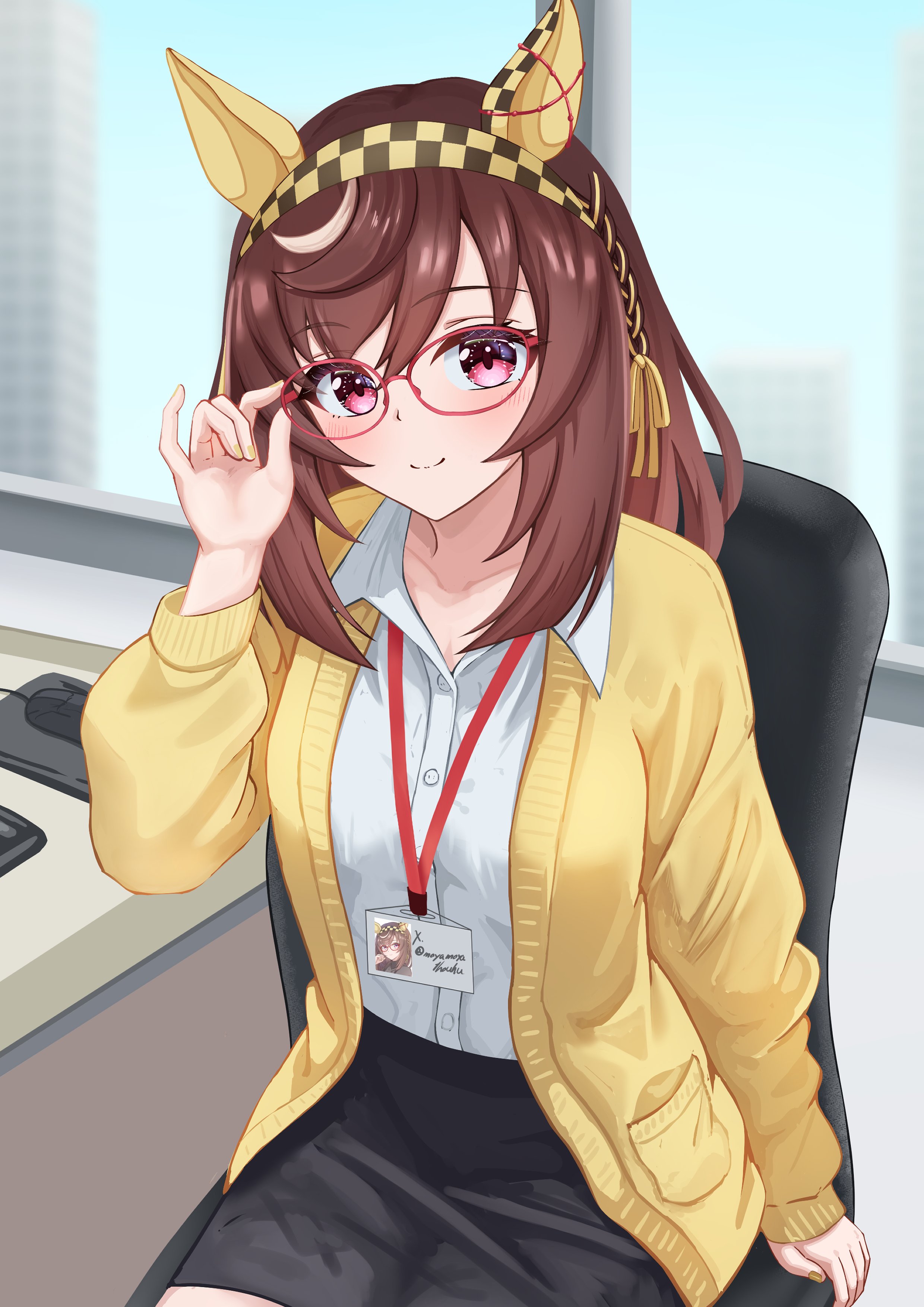 moyashi toufu, buena vista (umamusume), umamusume, absurdres, commentary request, highres, 1girl, alternate costume, animal ears, bespectacled, blurry, blurry background, blush, braid, breasts, closed mouth, collarbone, glasses, hairband, horse ears, id card, looking at viewer, medium breasts, medium hair, office lady, purple eyes, sky, smile, solo, twitter username, window