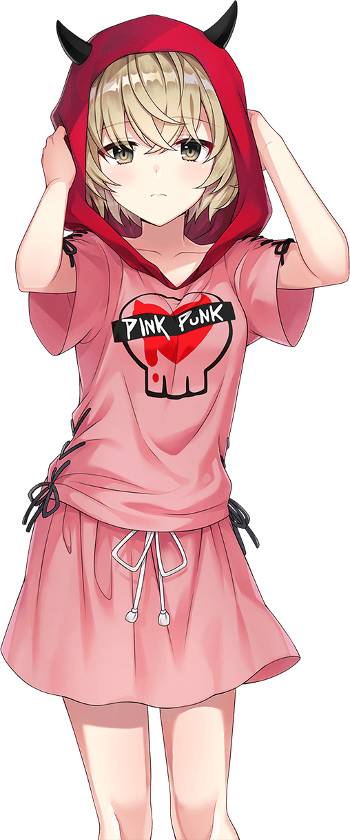 shirako miso, toomi mei, cue!, highres, official art, 1girl, arms up, black horns, blonde hair, blush, bob cut, breasts, closed mouth, collarbone, cowboy shot, crossed bangs, demon horns, english text, hair between eyes, hands on own head, hood, hood up, hooded shirt, horns, looking at viewer, medium breasts, pink shirt, pink skirt, red hood, shirt, short hair, simple background, skirt, solo, standing, t-shirt, tachi-e, transparent background, yellow eyes