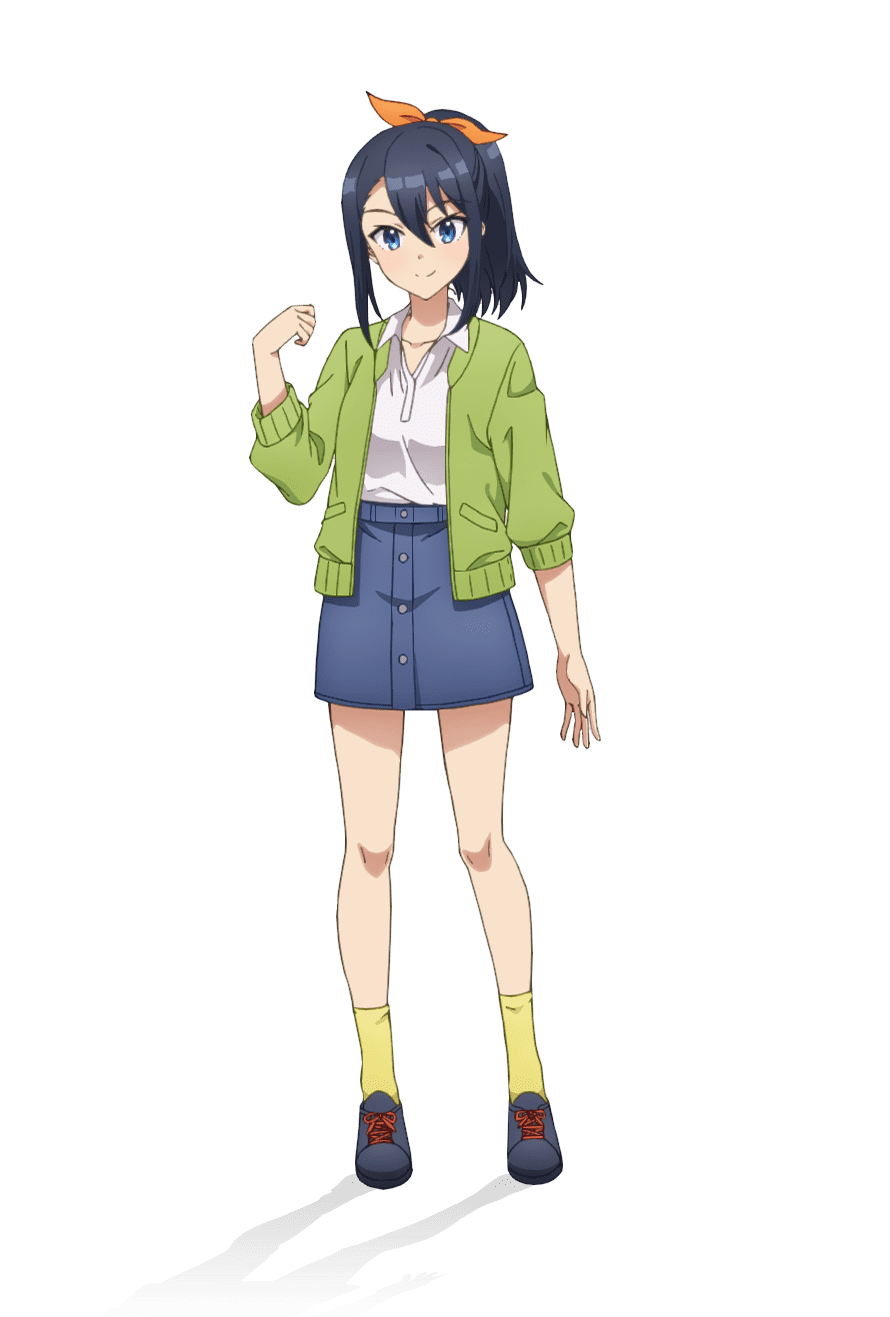 taniguchi motohiro, takatori maika, cue!, highres, official art, 1girl, anime coloring, black hair, black shoes, blue eyes, blue skirt, blush, closed mouth, collared shirt, denim, denim skirt, full body, green jacket, hair between eyes, hair ribbon, hand up, jacket, looking at viewer, open clothes, open hand, open jacket, orange ribbon, ponytail, ribbon, shirt, shoes, sidelocks, simple background, skirt, smile, socks, solo, standing, tachi-e, transparent background, white shirt, yellow socks