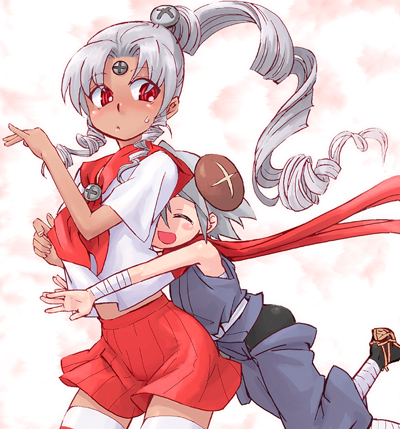 visbou, vista-tan, vistake, os-tan, silver hair, lowres, 2girls, dark-skinned female, dark skin, multiple girls, ninja, red eyes, school uniform, serafuku, thighhighs, zettai ryouiki